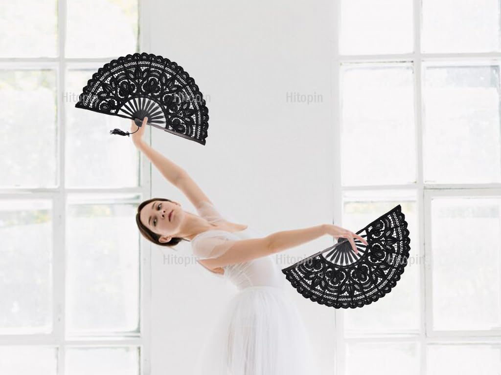 Éventail En Dentelle Noire Vintage Hitopin - Pliant Portable Pour Mariage Et Fête, 27cm