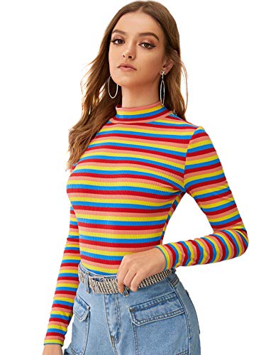 Floerns Women's High Neck Long Sleeve Slim Fit Stretch Striped T-Shirts, Multi-1, M