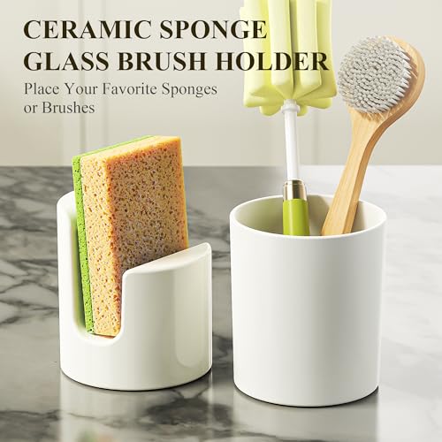 Image of Cisily Kitchen Soap Dispenser Set Comes with Ceramics Sponge Holder, Gold Pumps, and Instant Dry Tray, Hand and Dish Soap Dispenser Set (5, Gold + White + Brush Holder + Sponge Holder)