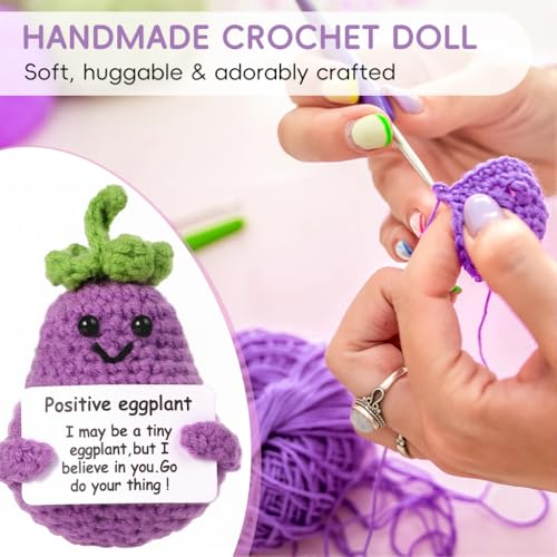 Image of Zibuyu Handmade Crochet Eggplant Toys Desk Decor with Positive Message Card Cute Motivational Crochet Toys Gift for Office Home Baby Nursery, Purple
