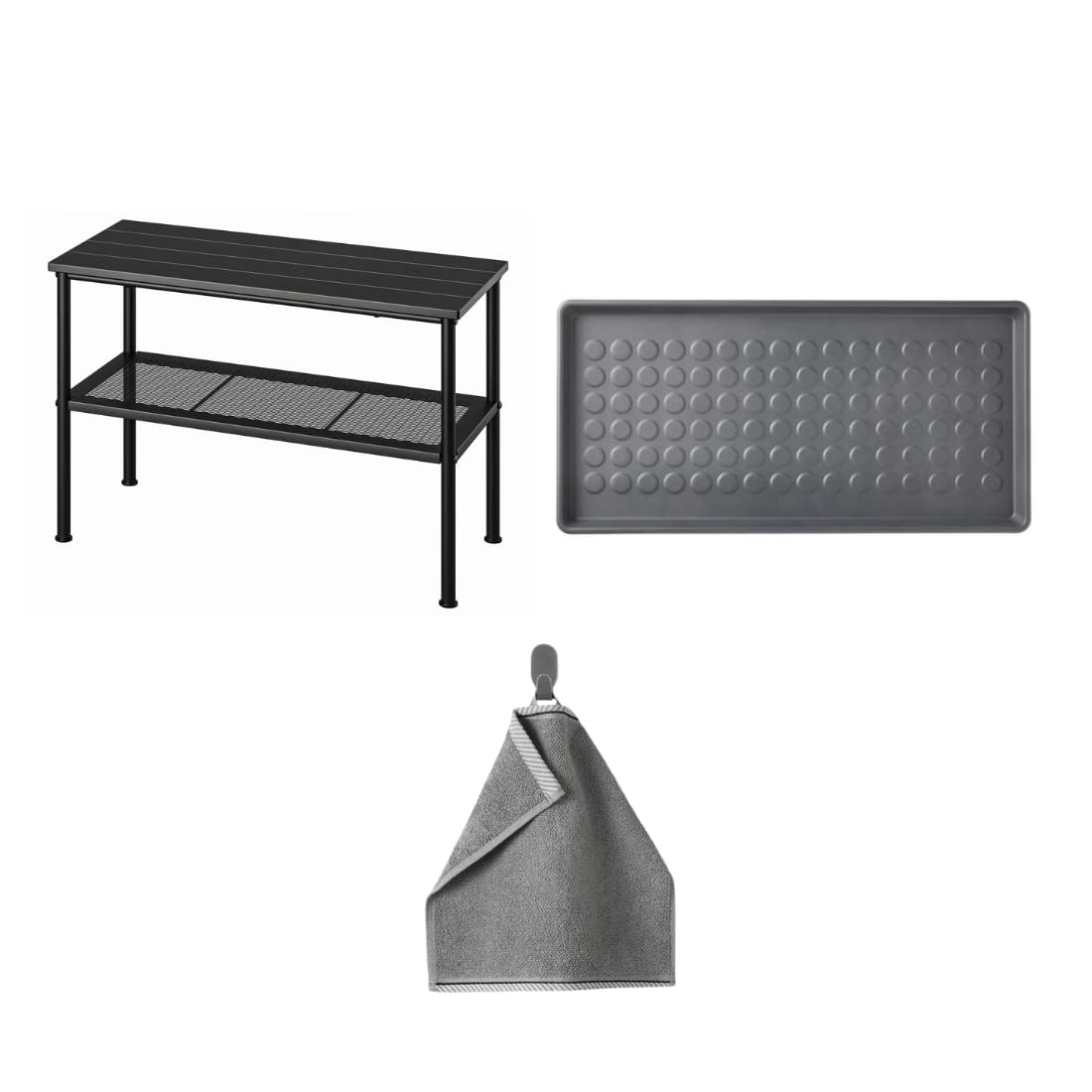 Ikea NIPÅSEN Bench with Shoe Storage, Black, 79x35x52 cm with BAGGMUCK Shoe Mat, Grey, 71x35 cm and VIKFJÄRD Washcloth, Grey, 30x30 cm