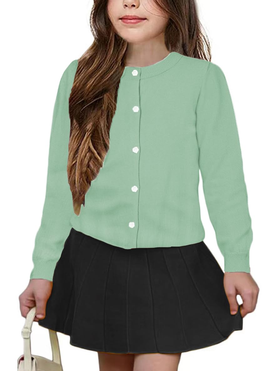 Girls' Cardigan Sweater [Cute Petal Buttons] Cotton Long Sleeve Crewneck Uniform Sweater for 5-14 Years Girls