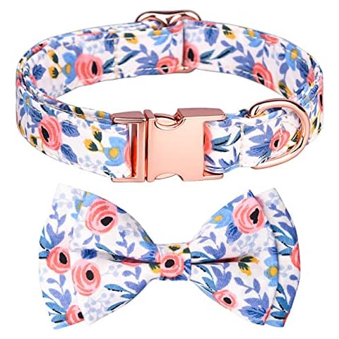 Floral Dog Cat Collar Bowtie,Removeable Flower Bow Soft Cotton Adjustable Pet Collars Rose Gold Metal Buckle for Dogs Cat Small Medium Large Cover