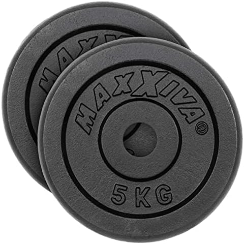 MAXXIVA Hantelscheiben 2er Set Gewichtsplatte je 5 kg 100% Gusseisen schwarz 10 kg Fitness Krafttraining Bodybuilding Workout Gewichtheben Reha Cover