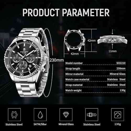 SAPPHERO Mens Watches Analog Quartz Chronograph Stainless Steel Watches for Men 50M Waterproof Men's Wrist Watches with Calendar Luxury Business Work Casual Watch Elegant Gifts for Men - Image 6