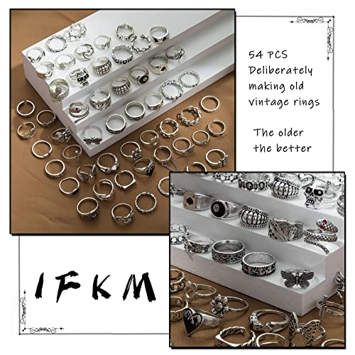 Image of IFKM Vintage Silver Knuckle Rings Set for Women, Stackable Joint Finger Statement Rings Bohemian Retro Hollow Carved Midi Rings, Boho Halloween Skeleton Skull Snake Heart Chunky Stacking Rings Pack