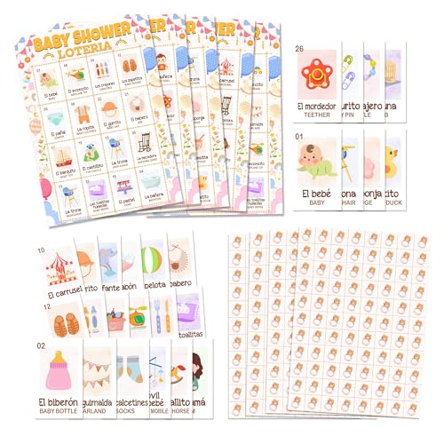 Bgohrd Colorful Baby Shower Loteria Games Cute Baby Shower Game Cards Bilingual Loteria Bingo for Adults Family Friends Funny Mexican Juegos Bingo Games in Spanish English -A03