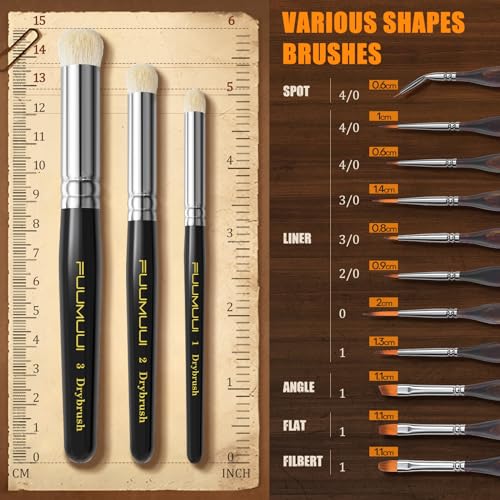 Image of Miniature Paint Brushes with Domed Dry Brush Set for Miniature Painting, Fuumuui 14Pcs Miniature Model Paint Brush Set Dry Brush Miniatures for for Acrylic, Watercolor, Oil