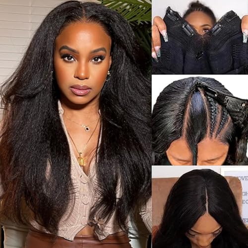 V Part Wig Human Hair Kinky Straight Human Hair Wigs Upgrade U Part Human Hair Wig for Women No Leave Out No Sew In 200% Density Natural Color 26 Inch