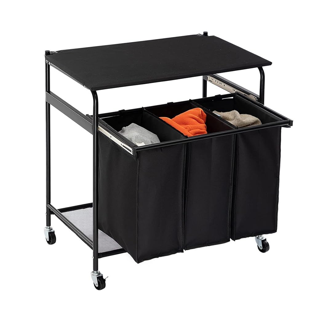 Laundry Sorter Cart, Drawer 3 Laundry Sorter with Ironing Board and 3 Bags, 4 Rolling Heavy Duty Wheels for Clothes Storage, 29.5x17.32x27.95inch (