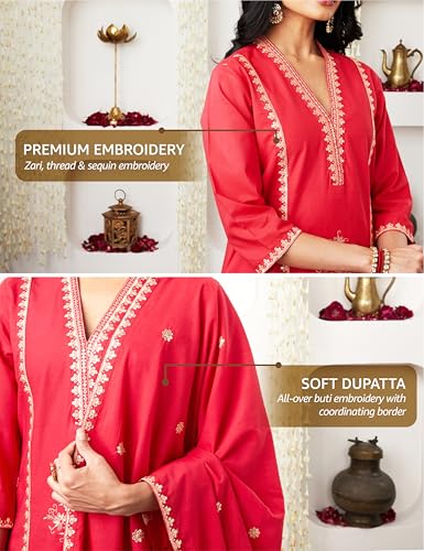 Image of Amazon Brand - Myx Women's Embroidered Cotton Kurta Pant Set with Dupatta (Available in Plus Sizes)