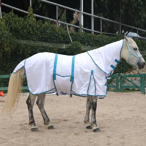 Image of Horse Fly Sheet with Detachable Neck Cover & Belly Wrap, Adjustable Fly Sheet for Horses, Ventilated Airflow Mesh Equine Cooling Summer Flysheet White 81