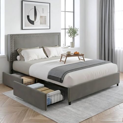 Image of VECELO Queen Size Upholstered Bed Frame with 4 Storage Drawers, Adjustable Velvet Rivet Decor Headboard, Wooden Slats Platform Support, No Box Spring Needed, Easy Assembly,Dark Grey