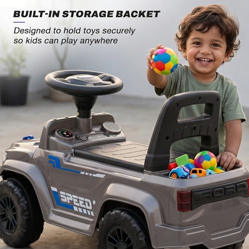Image of Baybee Speedy Baby Ride on Car for Kids | Portable Kids Car with LED Lights, Music & Storage Basket | Push Toy Cars with High Backrest | Toddler Rideons Jeep for 1 to 3 Years Boys Girls (Grey)