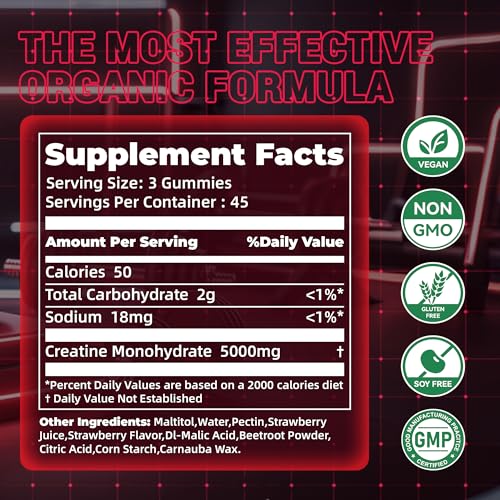 Image of Creatine Monohydrate Gummies, NSF Certified Creatine Gummy, 5g Dose for Men & Women to Support Muscle, Strength, Recovery, Cognitive Health & Memory, Strawberry Flavor, 135 Gummies