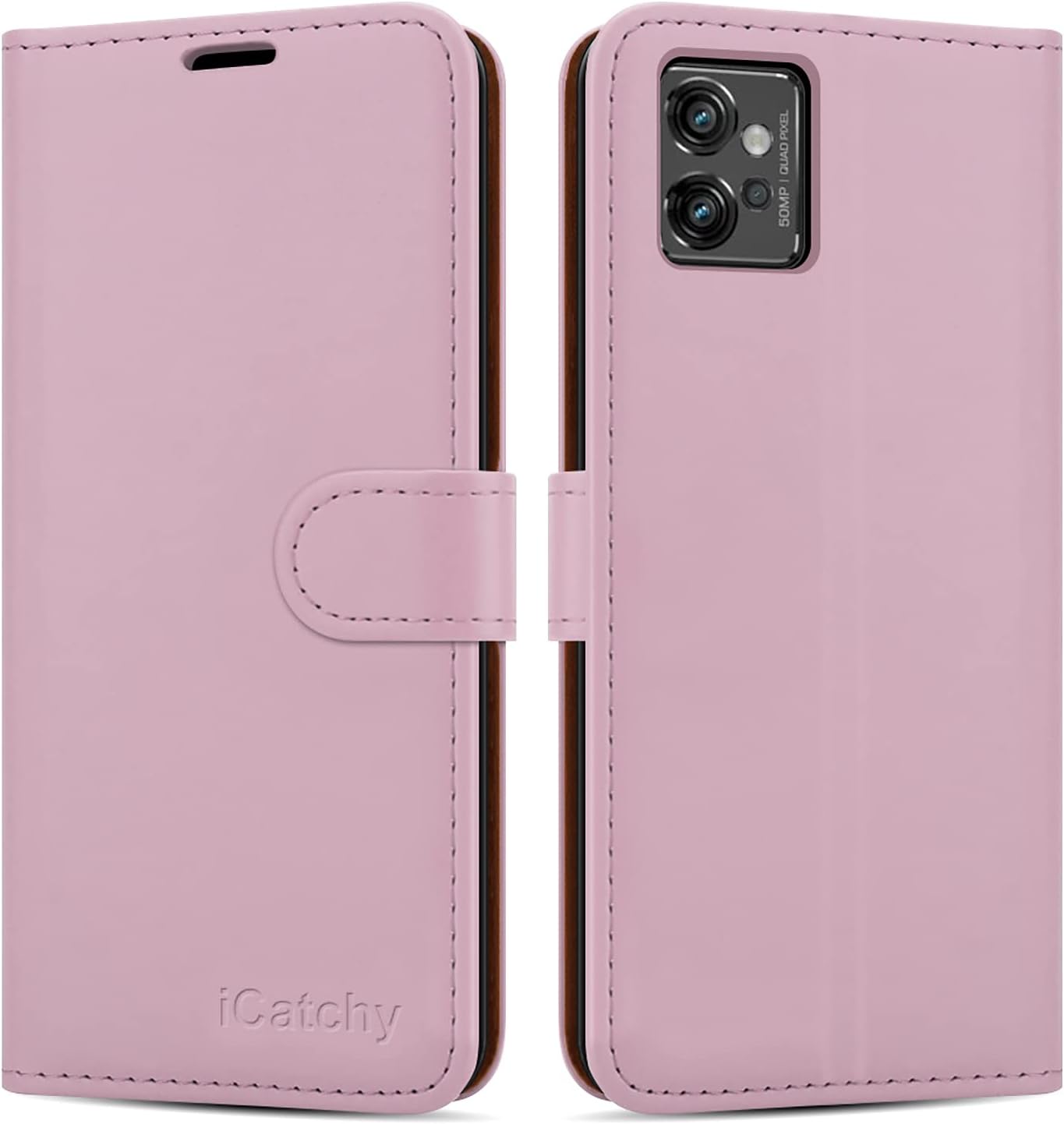 iCatchy for Motorola Moto G32 Case Leather Wallet Book Flip Folio Kickstand View Card Slots Full Protection Cover for Moto G32 Phone (Rose Gold)
