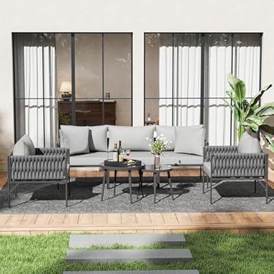 FKLUG 7 Piece Patio Furniture Set, Patio Conversation Set with Handwoven Rope and Deep Seating, Outdoor Furniture 5-Seat Sofa with Two Round Coffee Table for Balcony, Garden, Yard (Gray)
