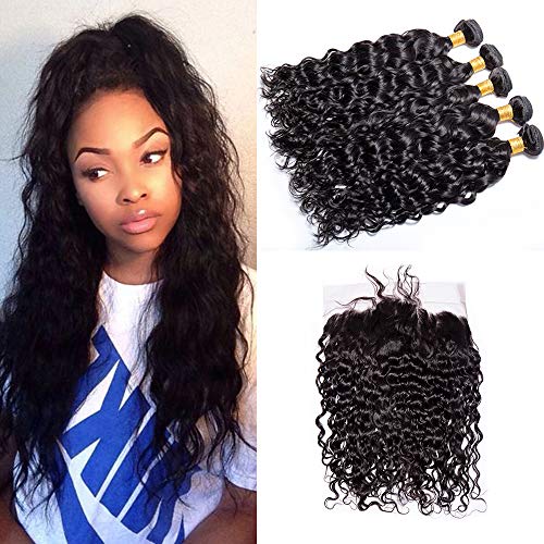 Maxine Hair Water Wave 3 Bundles with Frontal Closure 13x4 Free Part 100% Virgin Wet and Wavy Bundles Human Hair Extensions for Black Women Natural Color(20 22 24+18)