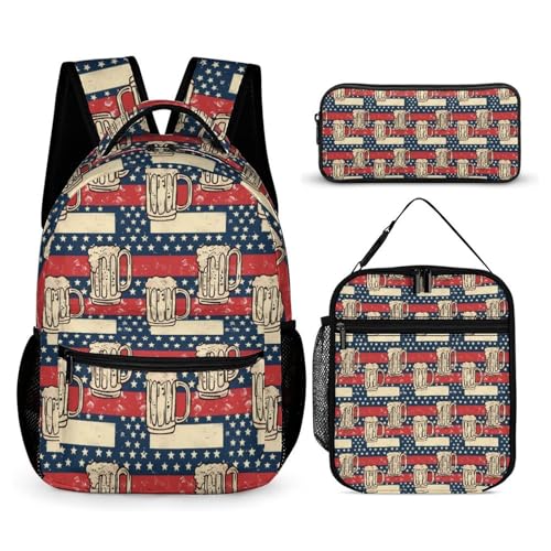 Beers And U.S. Flag Printed Backpack with Lunch Box Bag Pencil Case Pouch 3pcs Daypack Set for Women Men