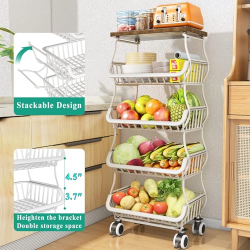 SAYZH Fruit Basket for Kitchen with Wood Top 5 Tier, Stackable Fruit and Vegetable Storage Cart, Wire Storage Basket with Wheels, Vegetable Basket Bins Rack for Onions and Potatoes, White