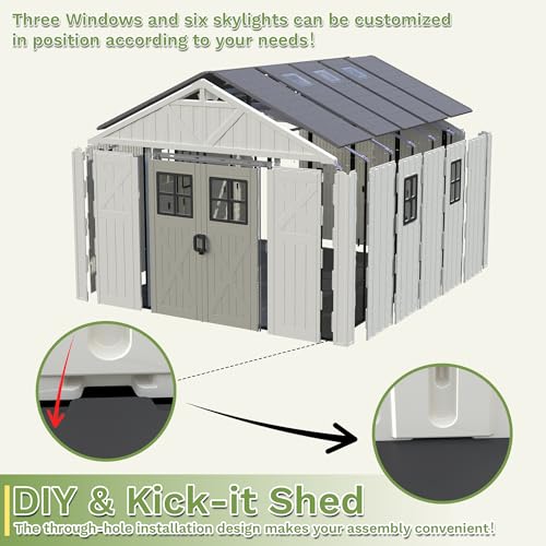 Image of Greesum 10x12FT Resin Outdoor Storage Shed with Floor, Plastic Sheds, Beige | Easy to Assemble Kick-it Shed| Eco-Friendly HDPE Material| Lockable Doors with 5-Windows & Multiple Skylights