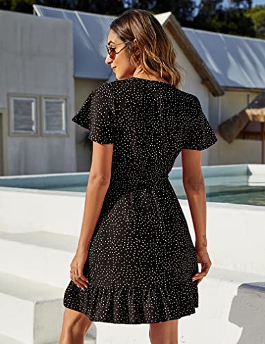 Naggoo Women's Summer Wrap V Neck Polka Dot Print Ruffle Short Sleeve Mini Floral Dress with Belt - Image 3