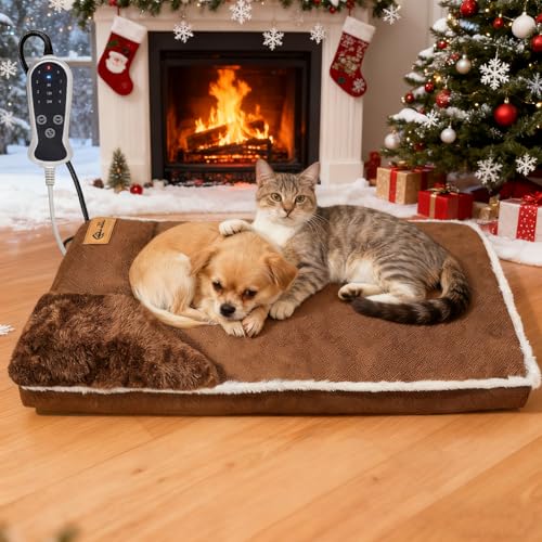 Heated Pet Bed for Cat & Puppy, 20×20In Dog Beds with Memory Foam Pet Bed, Nine Gears Smart Switch Dog Sofa with Timer, Washable Removable Cotton Sleeve, Soft and Comfortable
