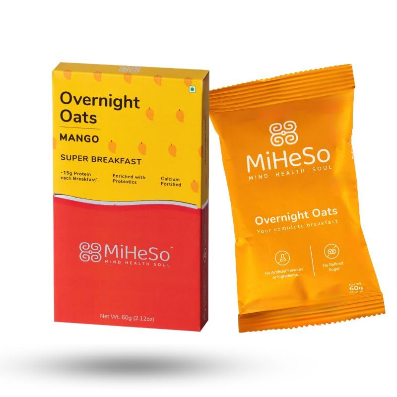 MiHeSo Mind Health Soul Overnight Rolled Oats Mango 60 G|Healthy Oatmeal Breakfast Within 15 G High Protein,Calcium & Fibre|Diet Food For Weight Loss For Women & Men|No Refined Sugar|Gluten Free