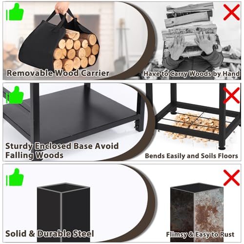 FEED GARDEN Firewood Rack Outdoor Indoor with Log Carrier Bag, 17.7 Inch Heavy Duty Steel Wood Holder for Fireplace, Compact Wood Rack for Firewood Storage, Black