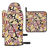 Juego de 3 guantes de horno con estampado de palomitas de maíz y soportes para ollas, guantes resistentes al calor para cocina, cocina, hornear, guantes de horno de barbacoa