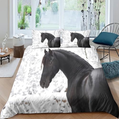 Housse de couette cheval noir impression 3D ultra douce