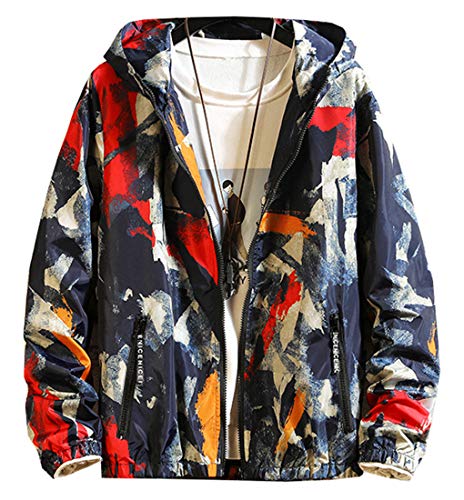 ウィンドブレーカー メンズ 迷彩 ジャケット アウトドアコート ペンキ柄 カラー アウター トップス おしゃれ カジュアル スポーツ 秋服 防風 防寒 冬 (カラー1, XXL)