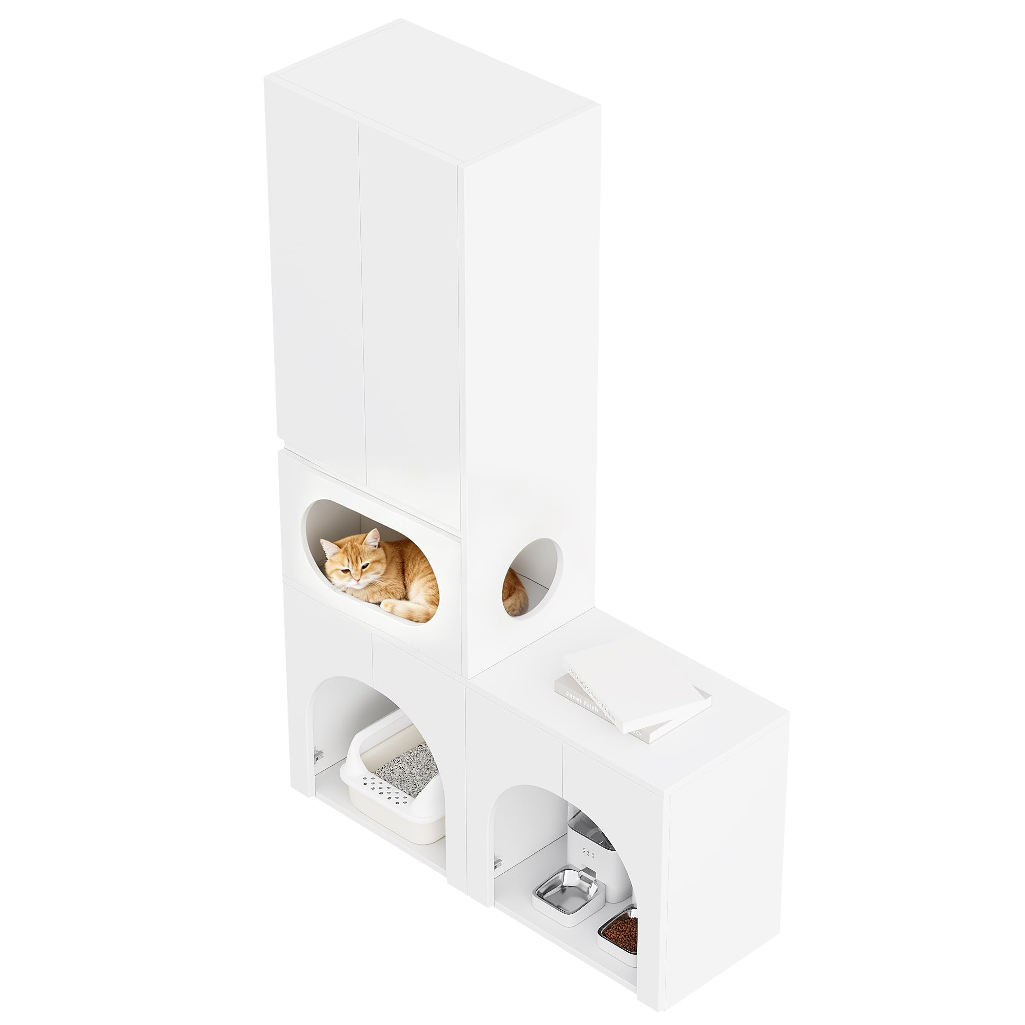 Armario alto para mascotas y espacio de almacenamiento, armario de almacenamiento para mascotas, armario alto, caja de arena para gatos, armario para 2 cajas de arena, con zona de descanso para