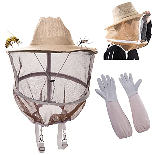 ZffXH Apicultor protección apicultura sombrero redondo y velo con guantes 2 en 1 - sombrero de paja