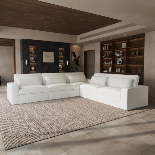 Image of Novilla 140 inch Deep Seat Modular Sectional Sofa, Removable Washable Covers, V Shape 5 Seater Cloud Couch with Lumbar Pillows, Chenille Boneless Sectional Couch Beige, No Assembly Required