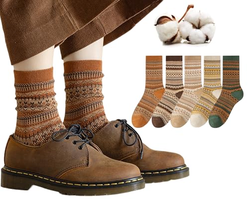 CHUNFO Womens Cottagecore Crew Socks Striped Argyle Retro Socks Cottagecore Cotton Boot Sock Size5-9.5