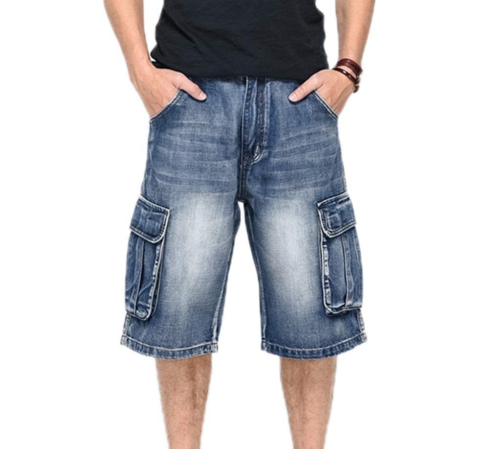 kewing Mens Hip Hop Skateboard Baggy Shorts Jeans Boy Multi Pockets Rappers Rap Shorts Jeans Light Blue