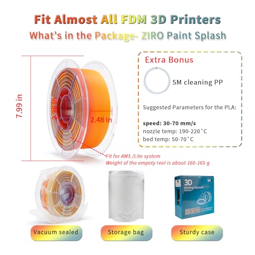 Image of ZIRO 3D Printer Filament PLA, Fast Color Changing Filament (Matte), Color Change by Length PLA, Fit Most FDM 3D Printers, Matte Finish Rainbow Material 1KG / 2.2lbs Spool, Paint Splash