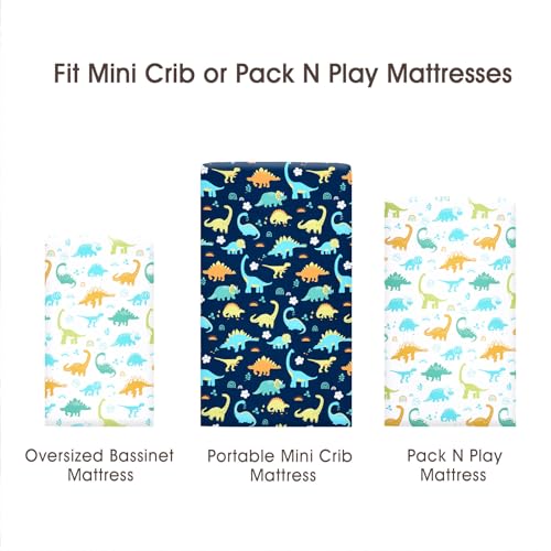Image of PHF Soft Mini Crib Sheet Set, 2 Pack Silky Comfy Pack N Play Sheets for Boys Girls, Universal Fit for Pack N Play, Playard and Mini Crib Mattresses, Dinosaur