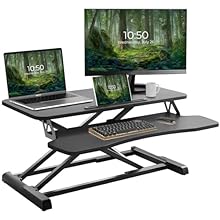 Dual tier 32'' work surface & full size keyboard tray: At almost 32" in width, this ergonomic desk converter has plenty of space for all of your devices, allowing you to raise your entire dual-monitor workstation to a more comfortable height. The top...