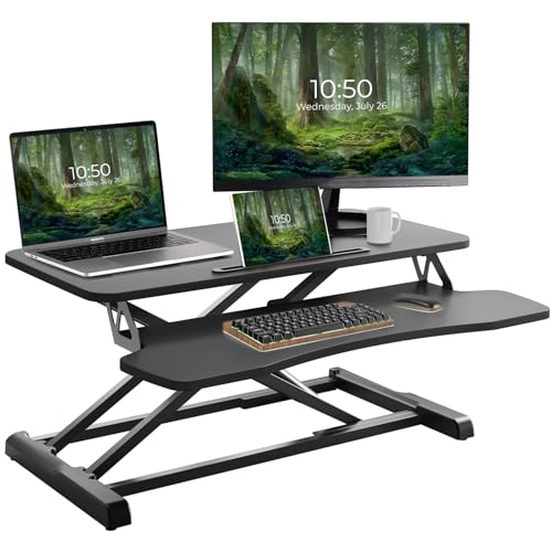 PUTORSEN 32 inch Standing Desk Converter, Height Adjustable Sit Stand Desk Converter for PC Computer Screens, Ergonomic Adjustable Desk Riser with 31 inch Keyboard Tray and Tablet Slot, Black