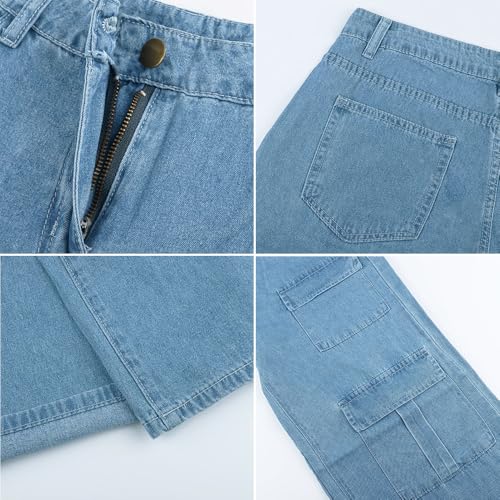 AULKEEP Womens Wide Leg Bell-Bottomed Pants Loose Baggy Denim Pants Multi-Pocket High Waist Blue Jeans3