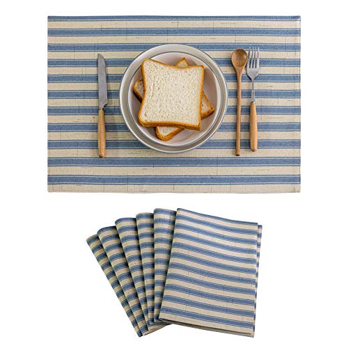 HOME BRILLIANT Placemats Set of 6 Heat Resistant Dining Table Place Mats for Kitchen Table Non Slip Easy to Clean Wipeable Washable Place Mats 13 x 19 inches Stripes Dusk Blue