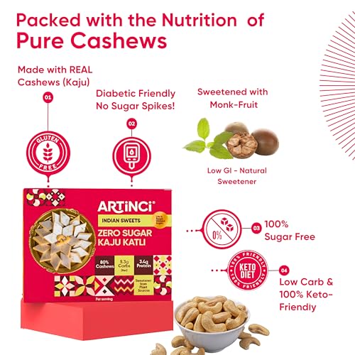 Image of Artinci Sugar Free Kaju Katli 160gm | Made with Pure Cashew Nuts | No Maltitol | Low Carb, Keto-Friendly Mithai, Vegan, Diabetic-Friendly healthy Indian Sweets, Holi Gifting