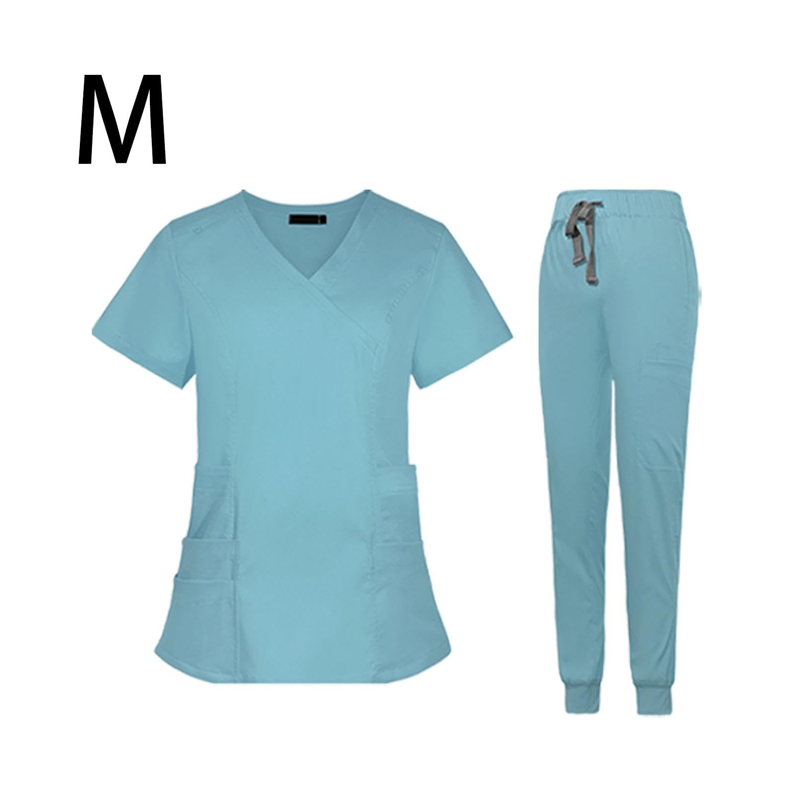 Colcolo Pflegeuniform Damen Kasack Jogginghose Set Arbeitskleidung V Ausschnitt Kurzarm Oberteil Mehrfachtaschen Elastischer Bund Atmungsaktiv Fü, Hellblau, m