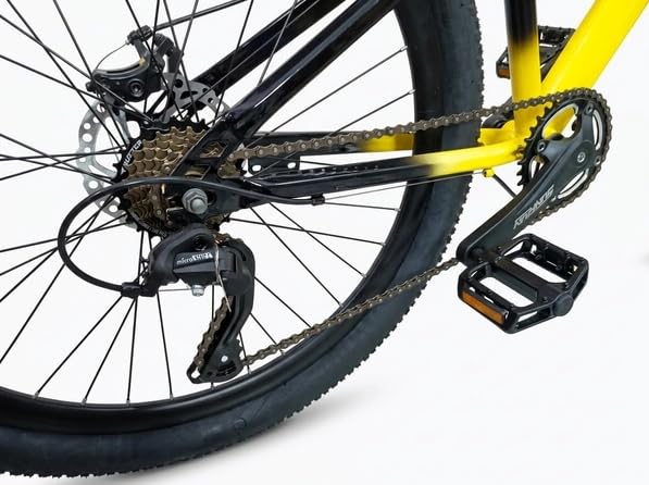 Image of Custom Build Yellow and Black MTB Stunt Cycle 14' Down Frame. Alloy Locking-Out Suspension Fork 1 /7 Speed Gear and Alloy 780mm Long Handle
