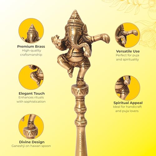 Image of Brass Hawan Spoon with Ganeshji on Top - for Puja, Hindu Puja Essentials, Hawan Spoon, Pooja Thali Accessories, Puja Room Decor, Spiritual Decor, Meditation Accessories - 1001