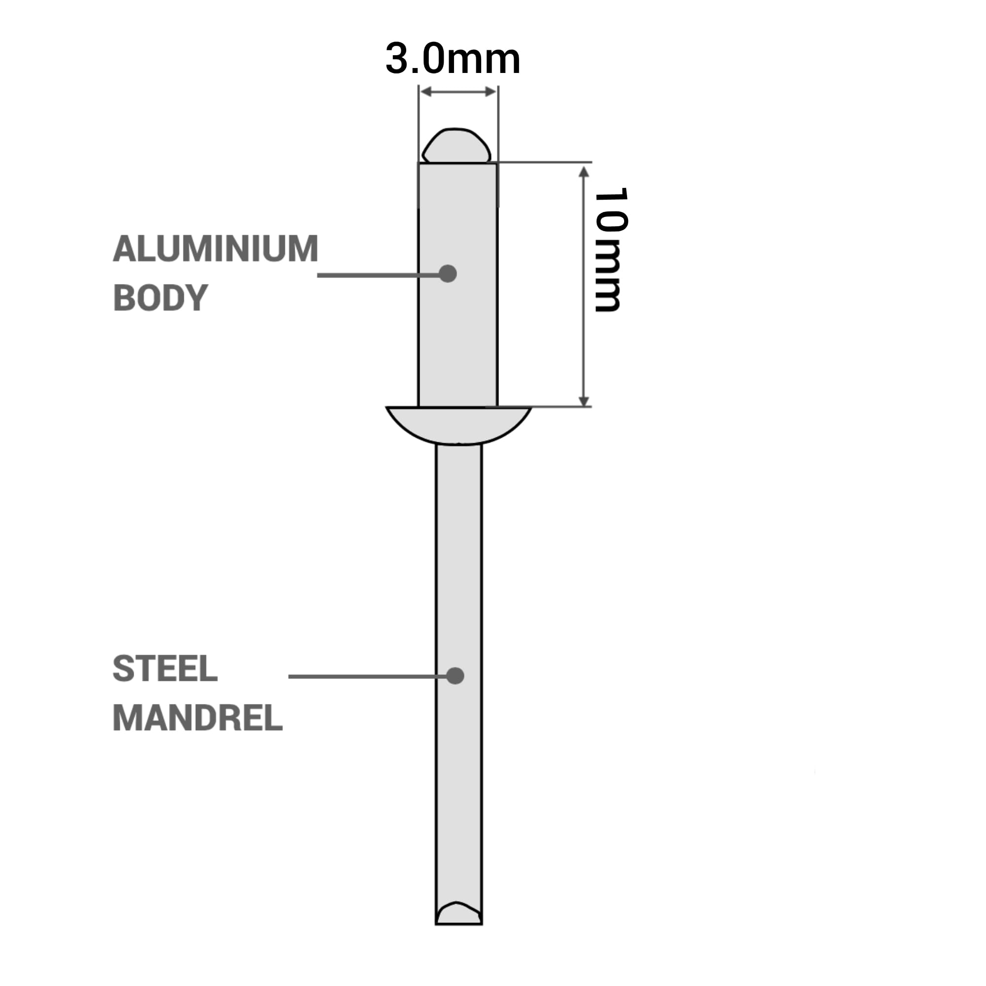 SKIR'CO 500 rivetti ciechi in alluminio 3,0 x 10 mm, mandrino in acciaio, rivetti a testa bombata, DIN 7337