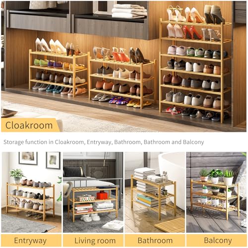 Image of 3-Tier Bamboo Shoe Rack for Entryway, Stackable | Heavy Duty | Multi-Function, Free Standing Shoe Racks for Bedroom Hallway Closet