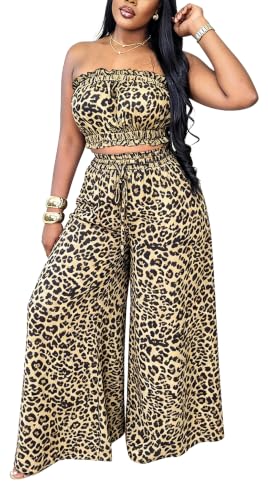 Image of Two Piece Sets for Women Summer Outfits Crop Tops and Wide Leg Pants Sets Sexy Jumpsuits Vacation Outfits with Pockets